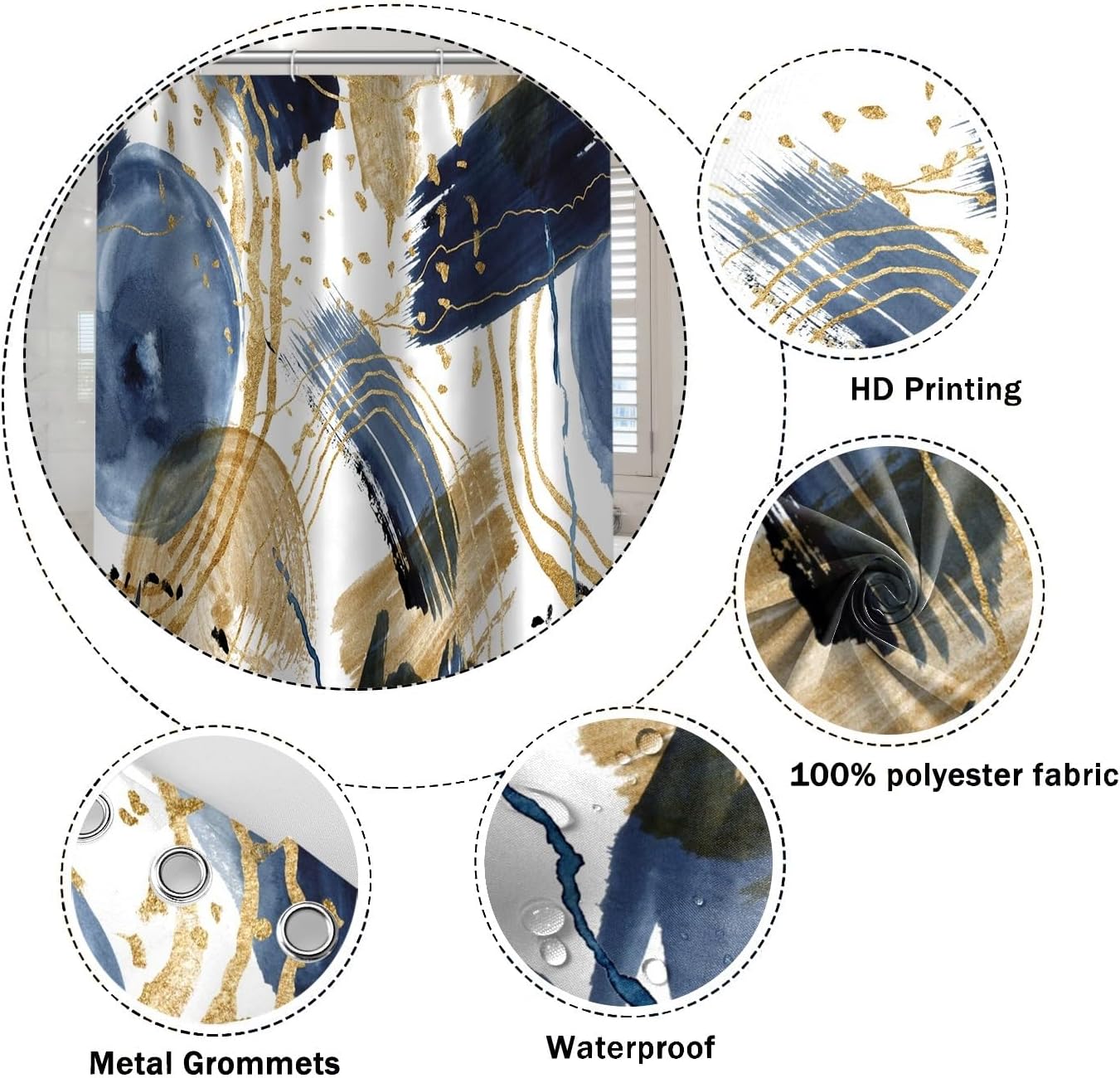 Abstract Boho Shower Curtain 72x96 Inch Watercolor Blue and Gold Geometric Pattern Bath Curtains Waterproof Polyester Fabric for Modern Minimalist Bathroom Decor Set with Hooks