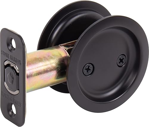 Miniatura 2 de Cerradura de puerta de bolsillo redondo, pasaje (pasilloarmario) pestillo, 2.7 in fondo, RCL, negro mate por Stone Harbor Hardware
