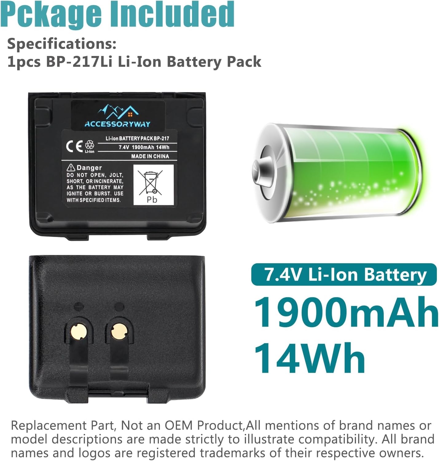 2Pack-BP-217 BP-217Li Replacement Battery - Compatible with ICOM IC-80AD IC-91A IC-91AD IC-T90 IC-T90A IC-T90E IC-T91 ID-91 IC-E80D IC-E90 IC-E91 Two-Way Radios -High Capacity 1900mAh Li-Ion Battery