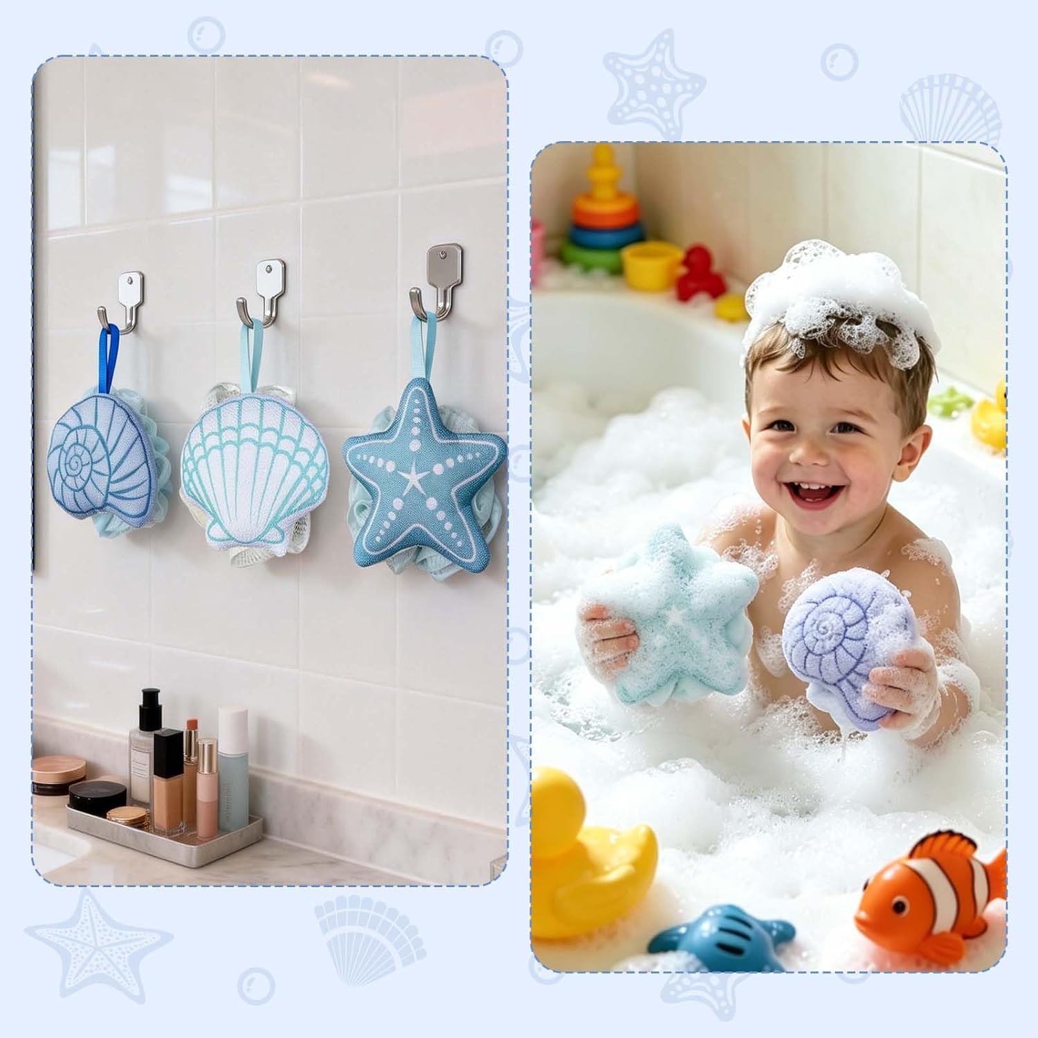 3PCS Coastal Shower Sponge Loofah, Seashell Body Scrubber Beach House Decors, Designed Blue Body Pouf Bath Sponge for Women Men Family and Travel Use