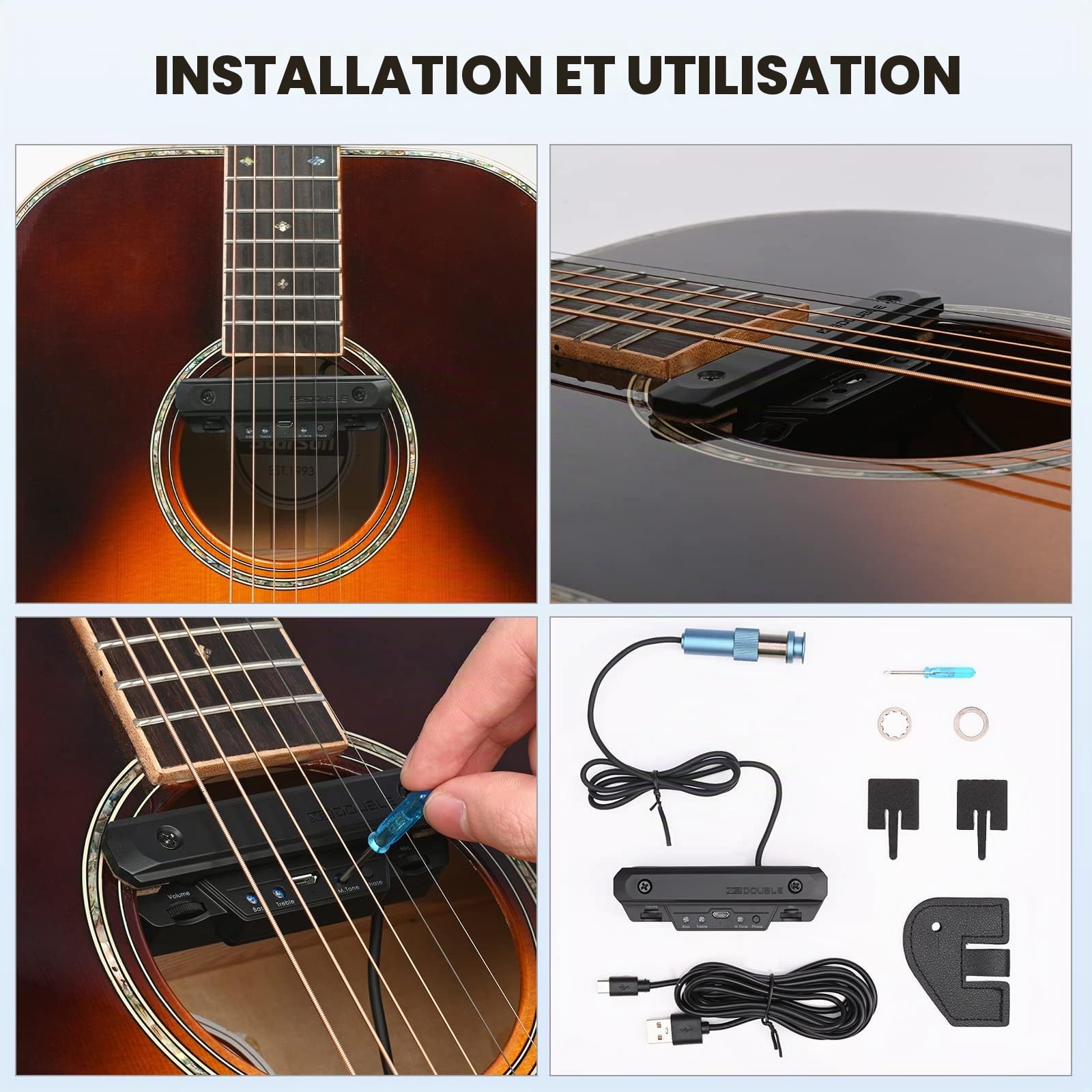 Micro de Guitare Acoustique Rechargeable Actif avec Bobine Magnétique et Contrôle du Volume