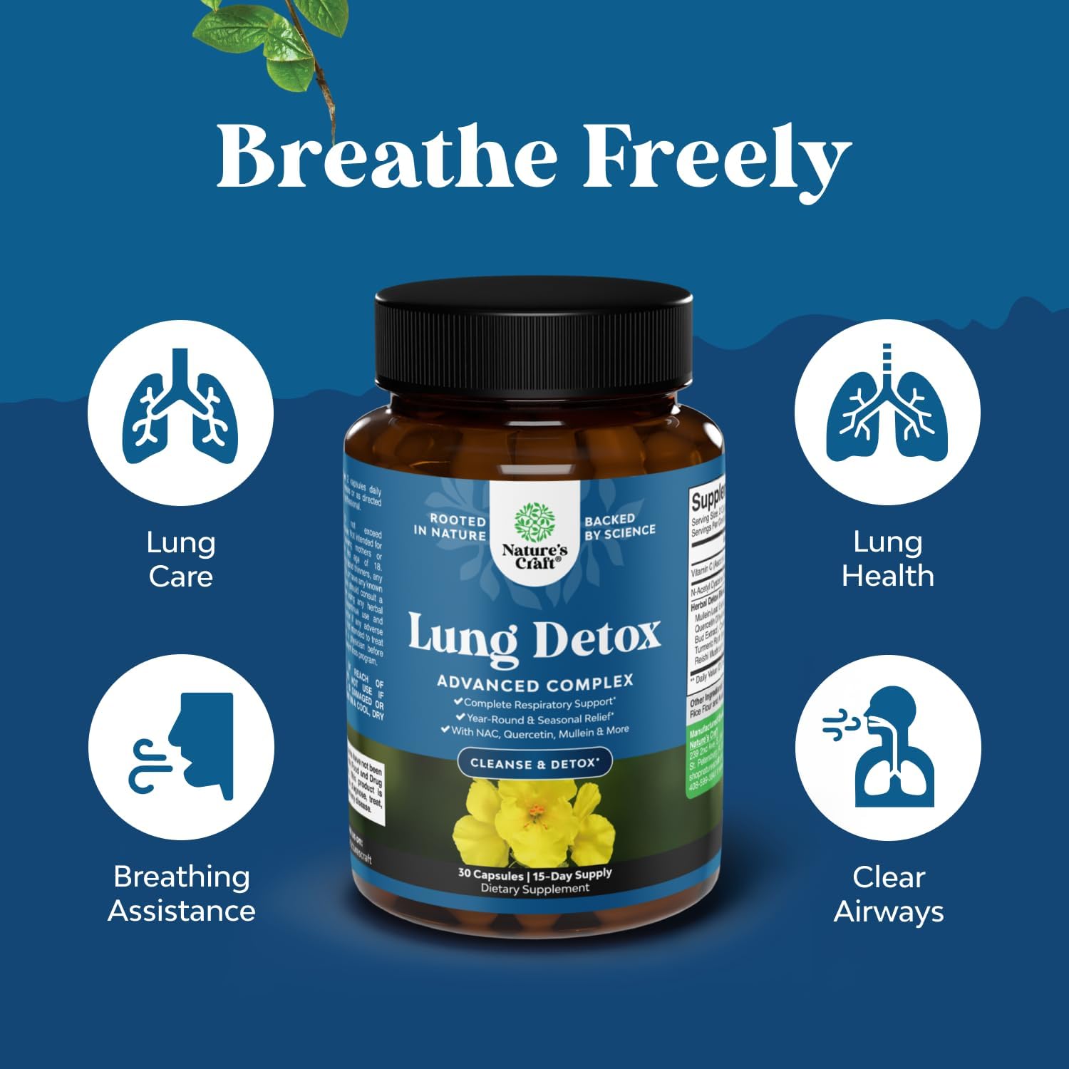 Lung Detox Mullein Leaf Capsules - Purifying Mullein Lung Cleanse Complex with NAC Quercetin & Cordyceps Extracts - Leaf Herb Respiratory Supplement for Sinus Immunity & Breathing Support 30ct — Amazon image 2