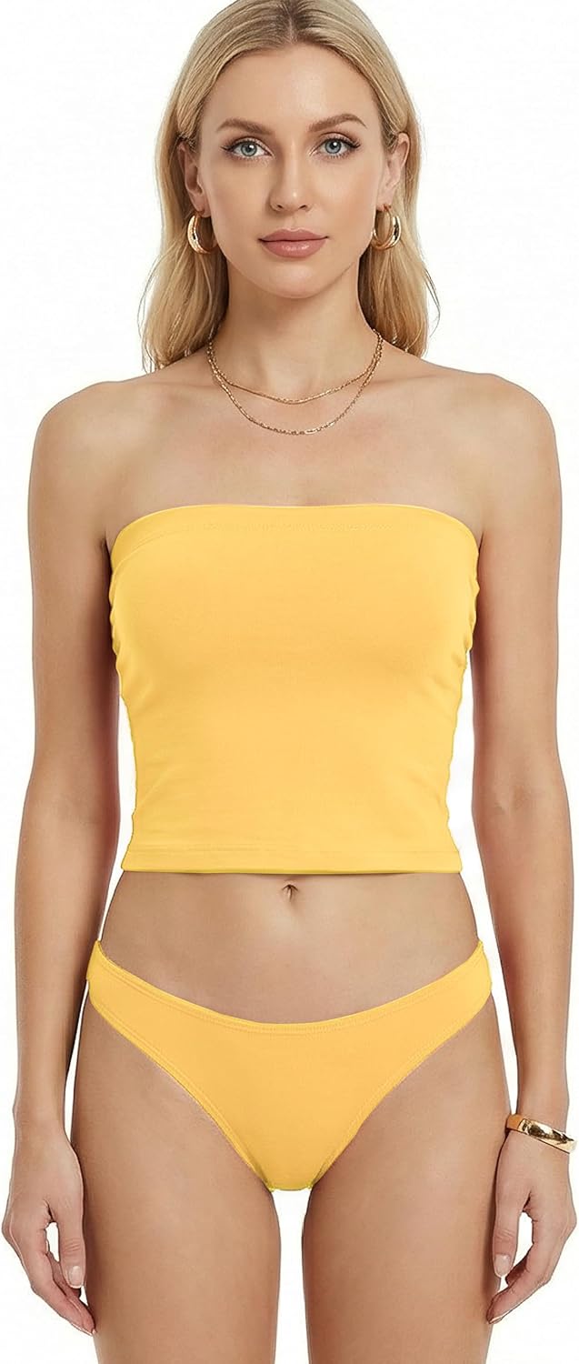 MixMatchy Women's Tube Top with Built-in Bra, Double Layered Strapless Bandeau Top, Y2K Side Ruched Casual Tops - Image 2