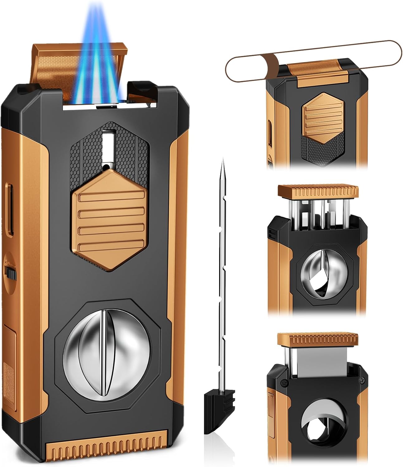5-in-1 Butane Torch Lighter with Auto-Pop V & Straight Cutter, Windproof Triple Jet Flame, Built-in Holder, Draw Enhancer, Refillable Cool Lighters with Gift Box for Men, Candles, Travel (Black Gold)
