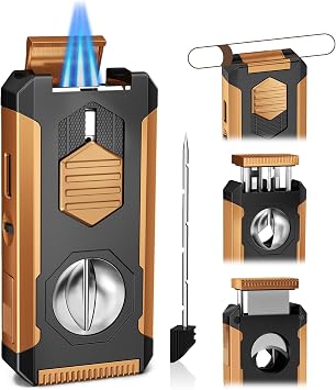 5-in-1 Butane Torch Lighter with Auto-Pop V & Straight Cutter, Windproof Triple Jet Flame, Built-in Holder, Draw Enhancer, Refillable Cool Lighters with Gift Box for Men, Candles, Travel Black Gold