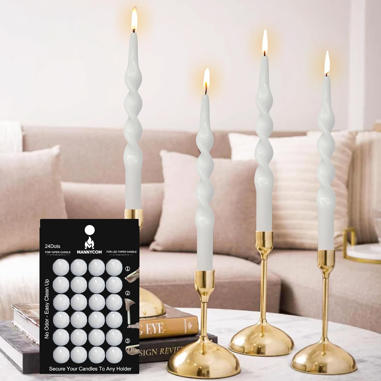 Taper Candle Sticky Dots - 24pcs Spiral Candle Sticky Dots Candles Adapter Soft Wax Candle Holder Accessories for Secure Candle Placement - White