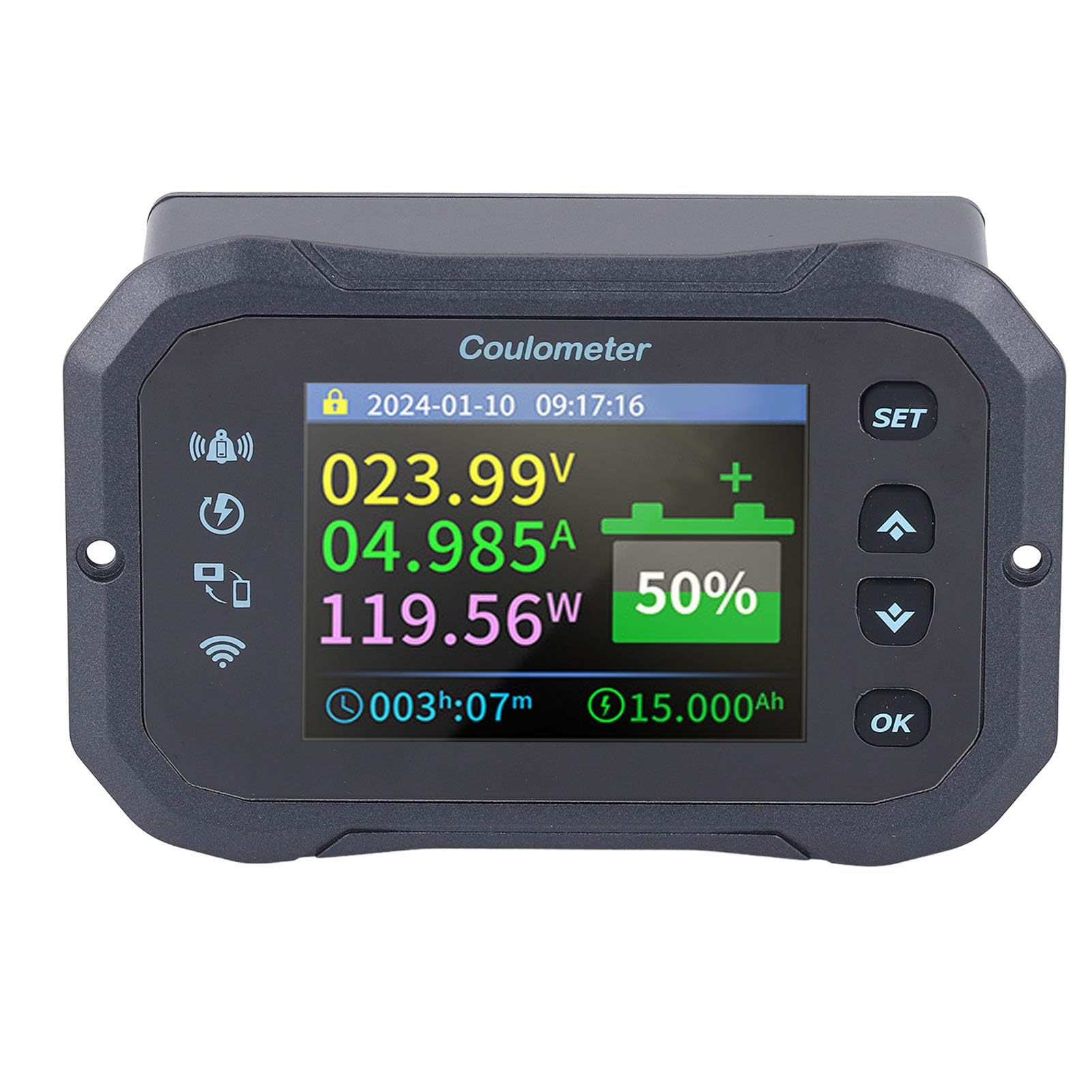 Luocute Monitor Baterii, 10-100 V 0-50 A APP Zdalne Monitorowanie Monitor Baterii, 2,4-calowy Ekran HD, Pomiary Wielu Parametrów, Wbudowane Przypomnienie, Do Akumulatorów VRLA, LFP, Li
