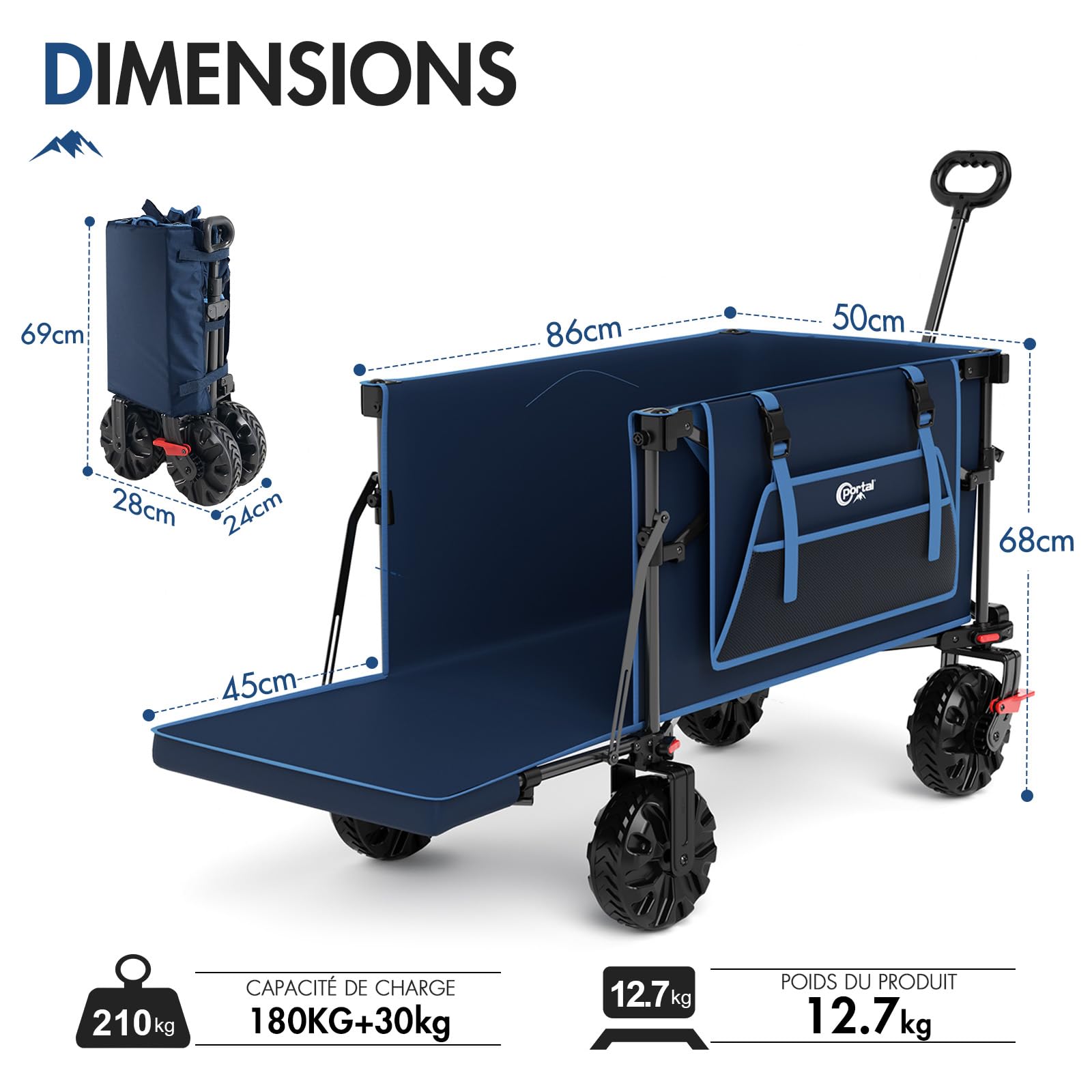 Portal Chariot de Transport Pliable XXL 400L Capacité 210kg avec Hayon Rabattable Roues Tout Terrain 360° Frein Double Poignée Réglable Idéal pour Jardin Plage Camping et Courses