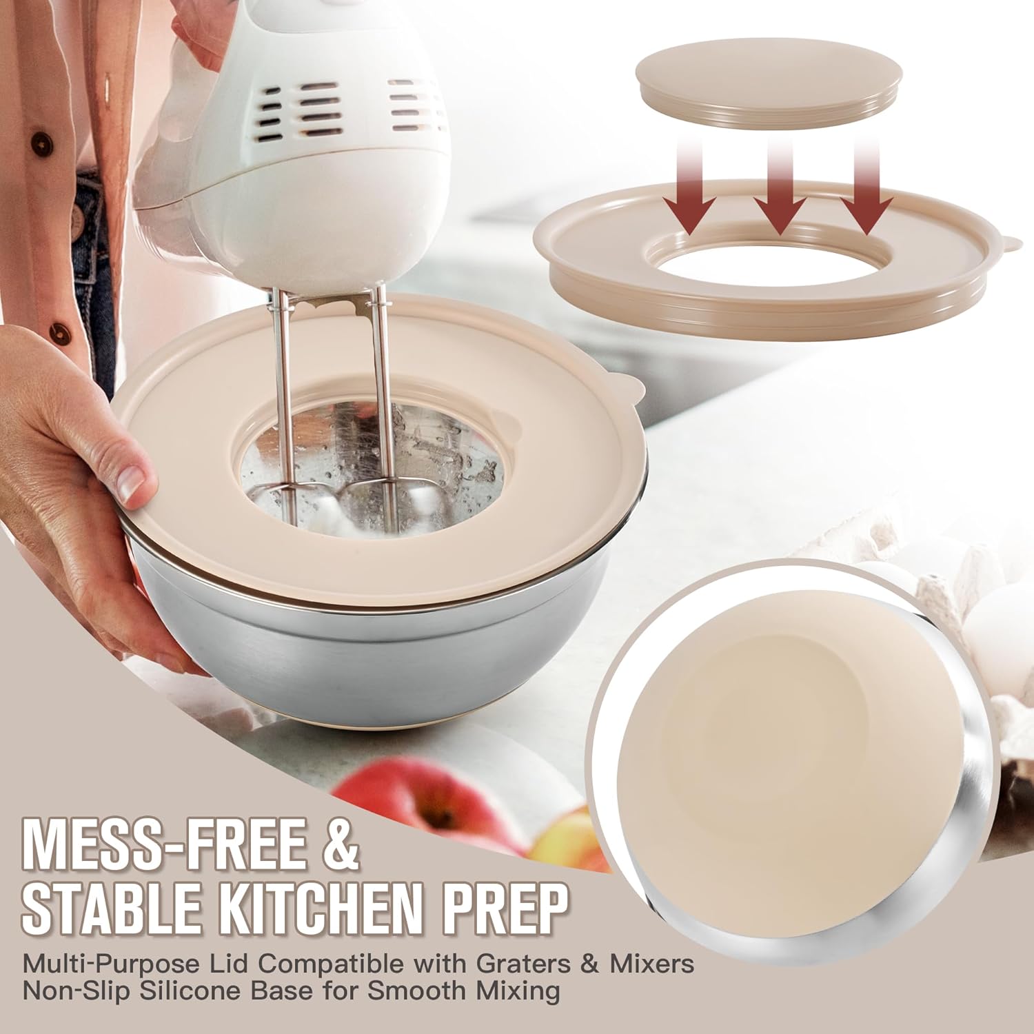 30PCS Mixing Bowls with Lids Set, 7QT to 1QT Stainless Steel Nesting Bowls with Graters, Non-Slip Silicone Bottom, Large Khaki Bowls & 21 Measuring Cups and Spoons Set Kitchen Appliances - Image 3