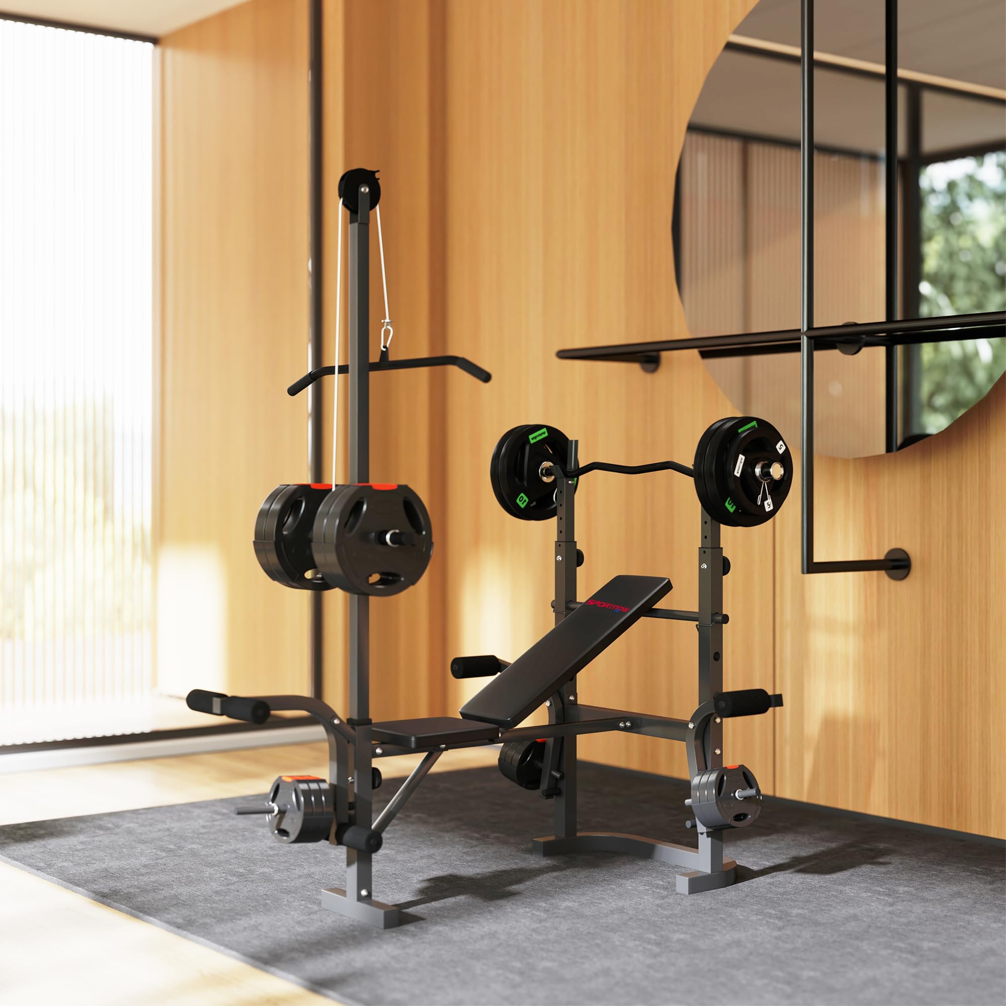 SPORTNOW Panca Palestra Multifunzione Regolabile con Rack Bilanciere, Panca Preacher Curl, Panca Pesi Inclinabile Piana con Leg Extension, Barra Lat Pull Down, Allenamento Palestra Casa, Nero