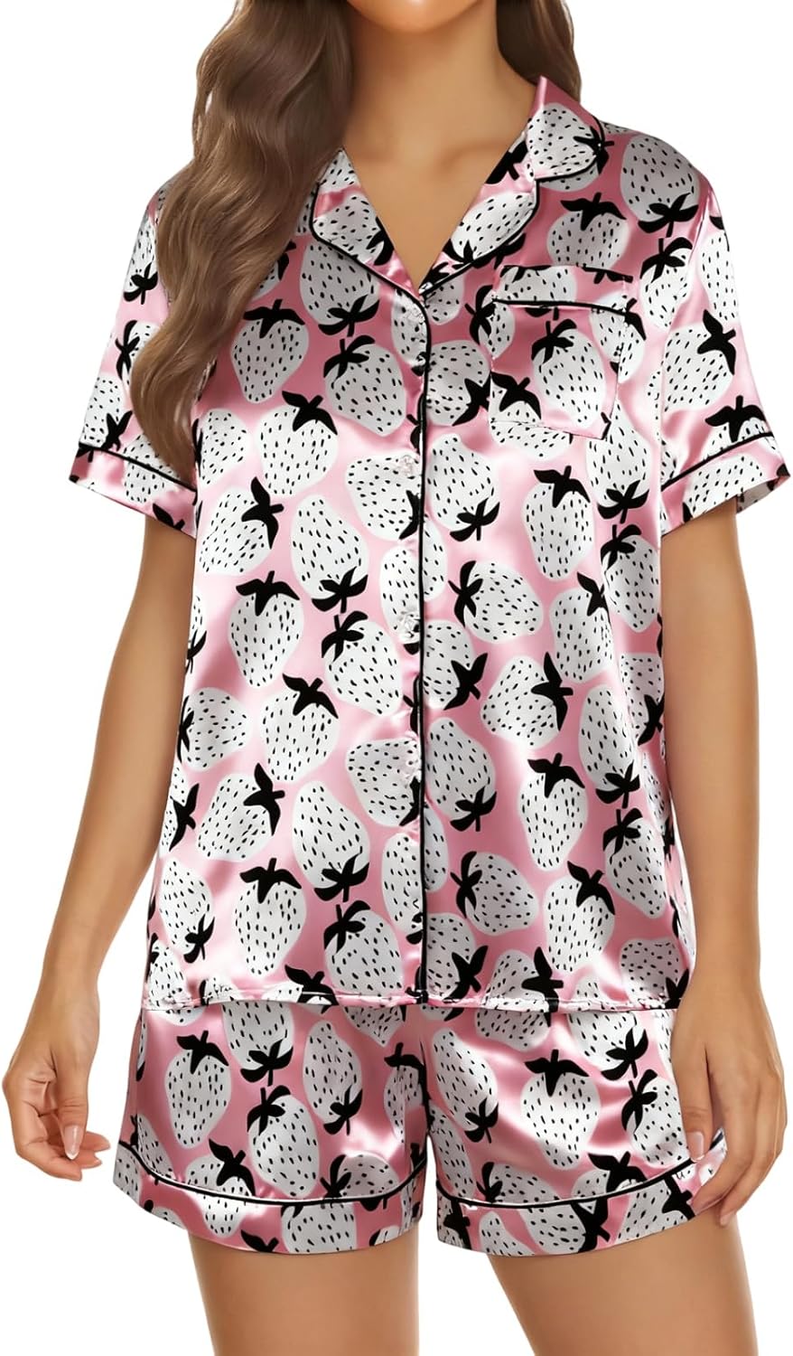 LUKYCILD Women Satin Pajama Set Bow Graphic Pajamas Short Sleeve Button Down Sleepwear 2 Piece Pjs Lounge Short Sets - Image 2