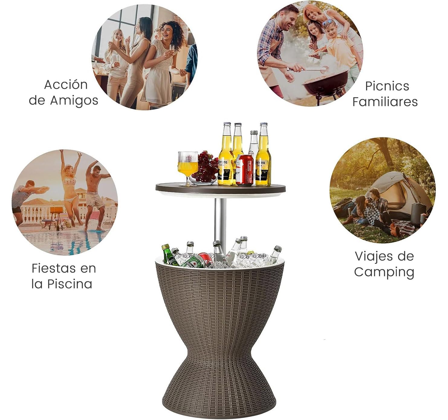 RELAX4LIFE 3 en 1 Mesa Nevera Jardin 30L con Tapa Extraíble Tablero Elevable 57,5/82 cm, Mesa Jardin Exterior de Ratán PP con Orificio de Drenaje, Hielera para Fiestas, Camping, Carga 75KG (Café)