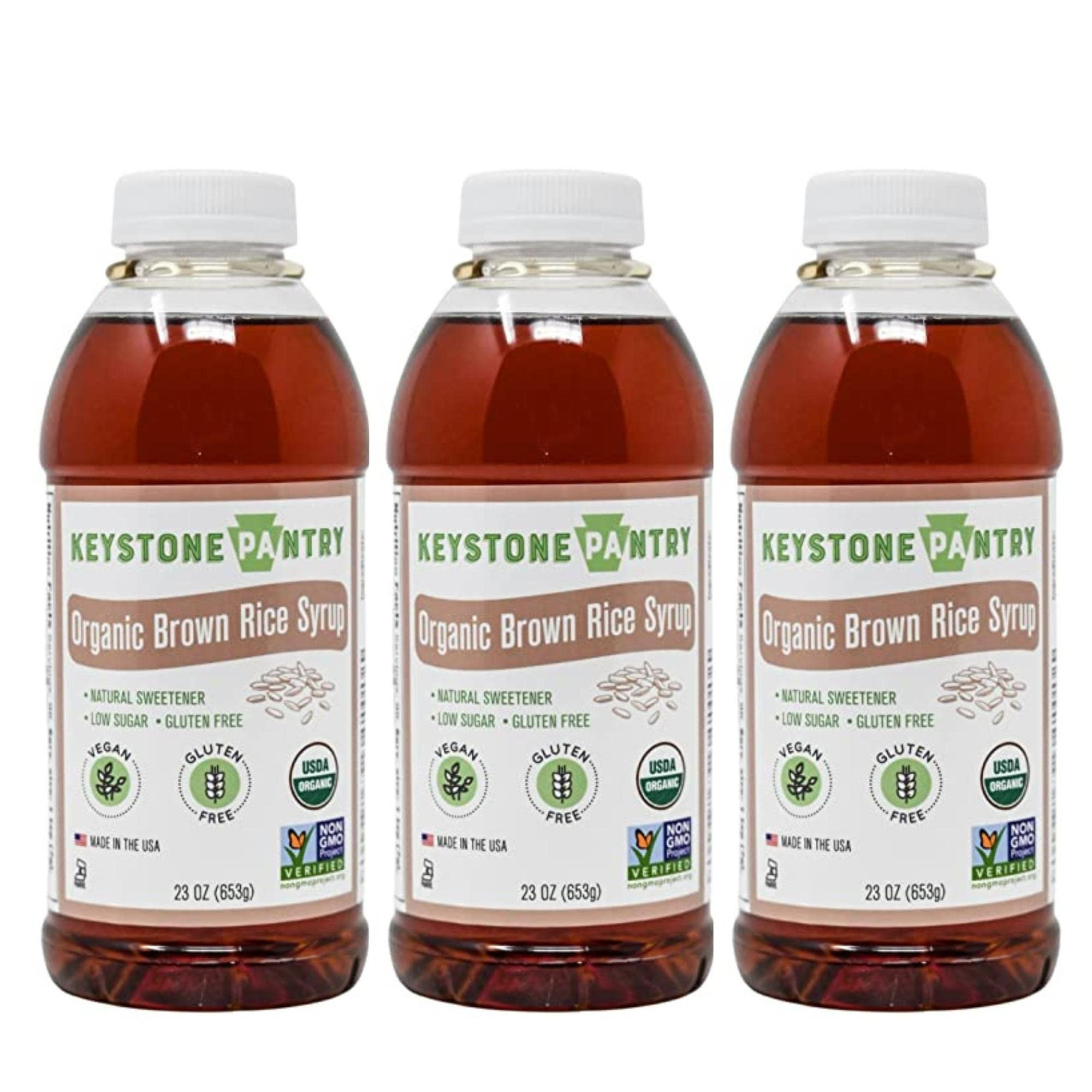 - Keystone Pantry Organic Brown Rice Syrup – 23 OZ Bottle – Vegan and Gluten Free – HFC, Corn Syrup Substitute – Syrup for Baking – Great for Homemade Granola Bars – Coffee Sweetener – DE 42 – 3 BOTTLES
