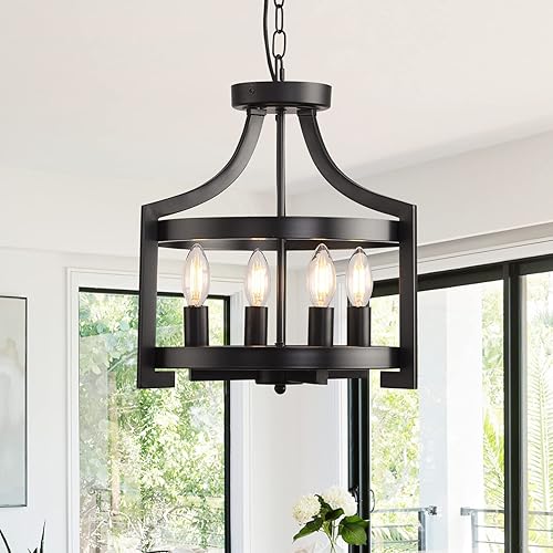 Farmhouse Chandelier Rustic Black Hanging Pendant Light Fixture, Adjustable Metal Lantern lCeiling Light for Kitchen Island Dining Room Living Room Bedroom Foyer Entry