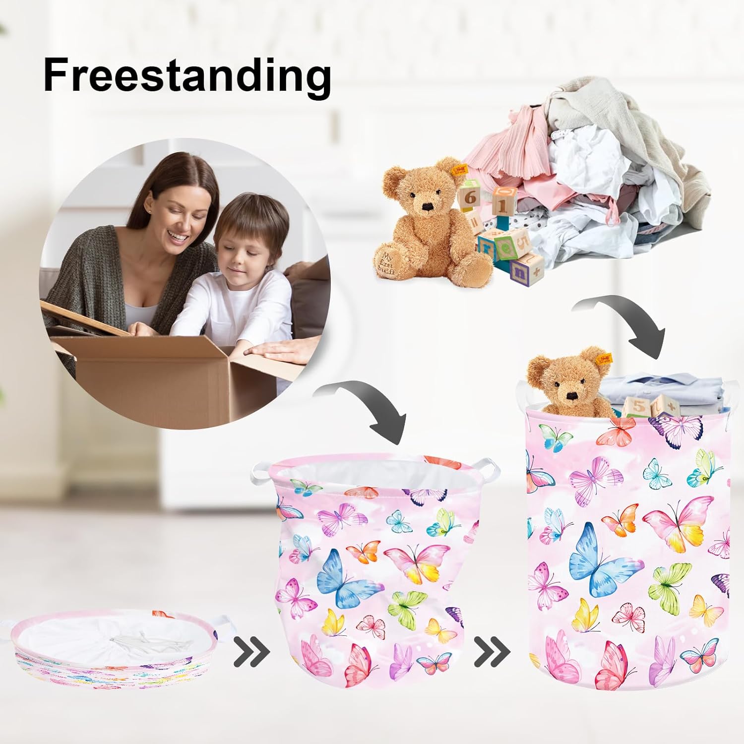 Clastyle 45L Pink Butterfly Kid Laundry Hamper for Girl Collapsible Clothes Toy Storage Basket with Lid for Bedroom Bathroom Nursery
