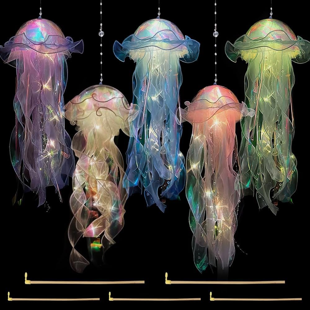 Yelschwa 5Pcs Jellyfish Light, Hanging Jellyfish Lamp, Creative Glowing Jelly Fish Night Light, Jelly Fish Lanterns, Jellyfish Garden Light For Ocean Theme Party Yard Landscape Garden Ornament (5Pcs)