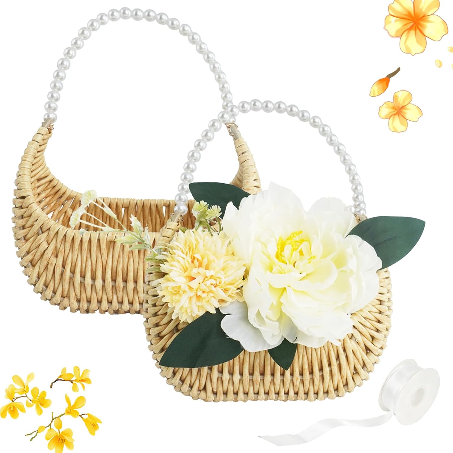 2 Pcs Rattan Flower Girl Basket Light Brown Small Half Moon Wicker Basket with Pearl Handle and Ribbon for Flower Girl Wedding Garden Picnic Home Decor and Storage