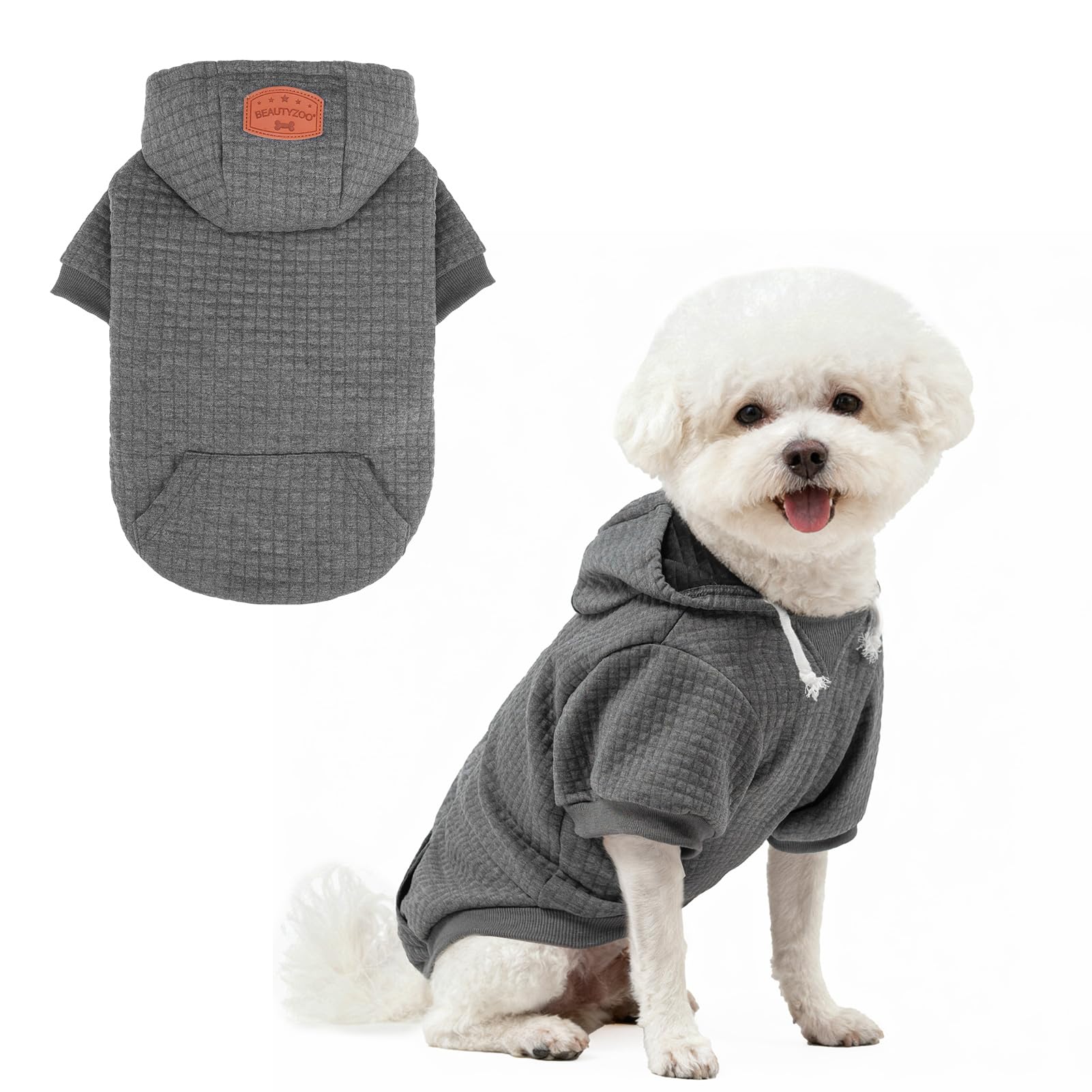 BEAUTYZOO Small Dog Hoodie Sweater with Pockets, Dog Clothes for Small Medium Dogs Boy Girl, Waffle-Like Laminated Cotton Pet Coats with Hat and Leash Hole, Dark Grey M — image 1