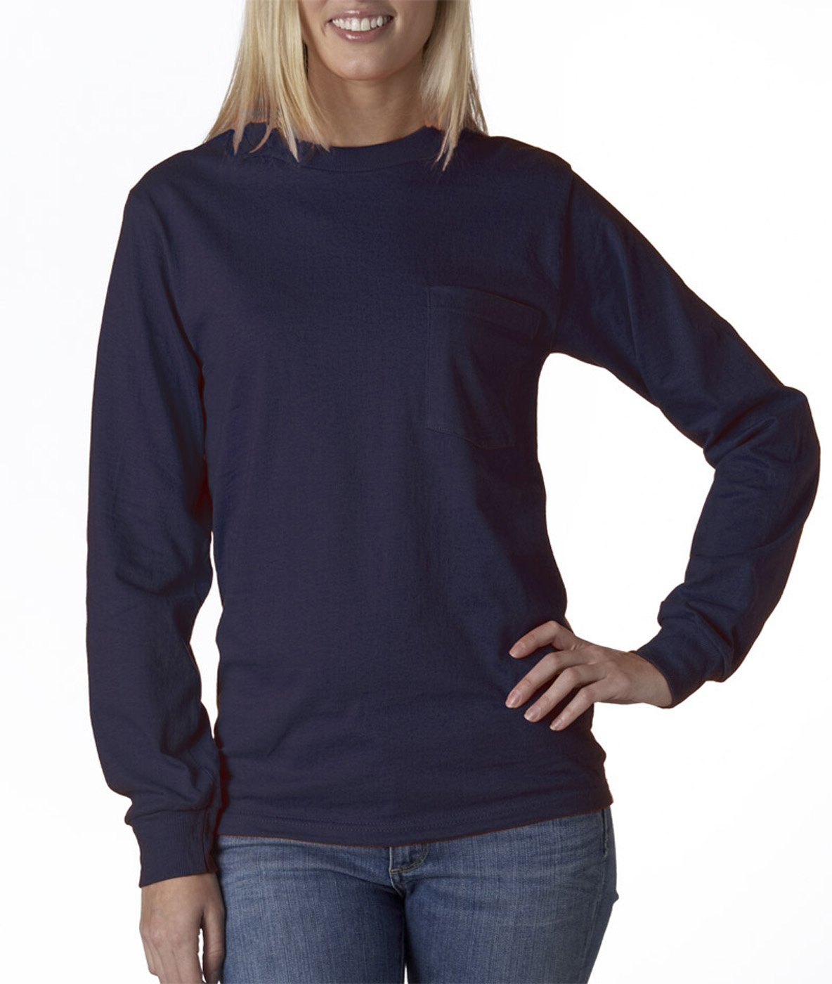 Cotton 6 oz. Long-Sleeve Pocket T-Shirt (G241) Navy, 4XL