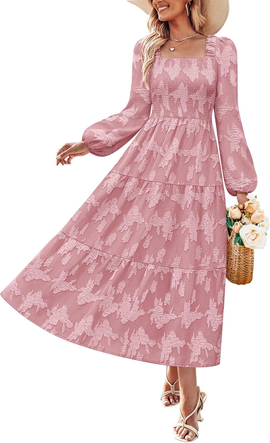 ZESICA Women's 2026 Spring Floral Midi Dress Long Sleeve Smocked Flowy Long Wedding Guest Vacation Dresses