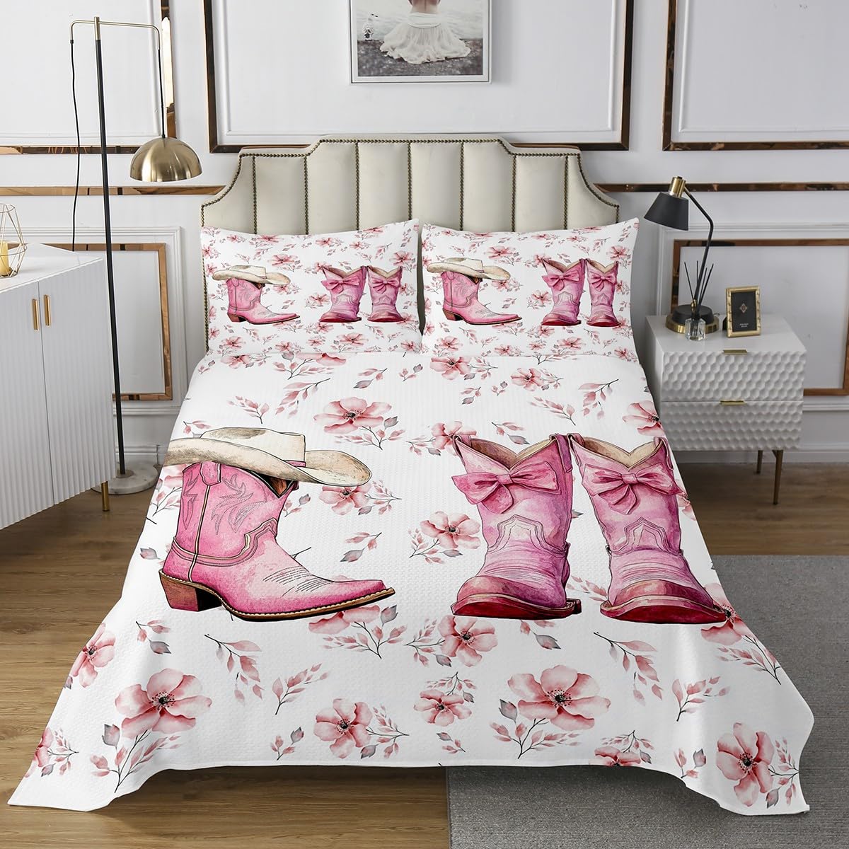 Erosebridal Pink Western Queen Quilt,Cowgirl Boot Hat Bedding Set for Girls Kids Teen,Pink Bow Bowknot Quilts Bed Set,Rustic Country Farm Floral Bedspread Bedroom Decor with 2 Pillowshams