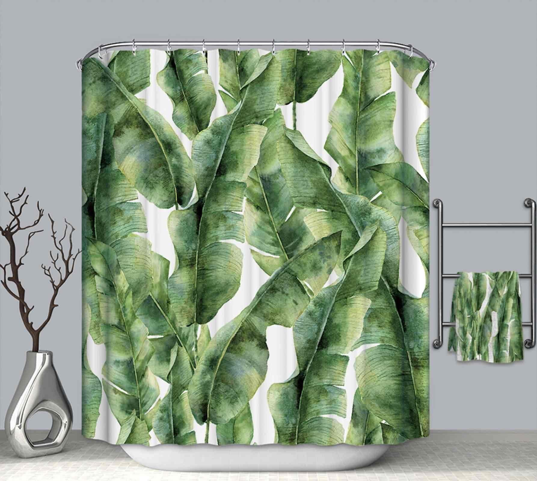 Rideau de douche vert 220x180 motif feuille de banane en tissu lavable imperméable