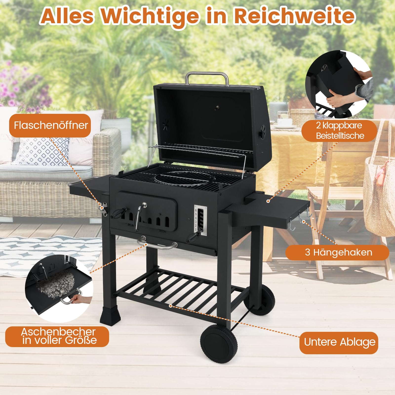 COSTWAY Grill na węgiel drzewny, grill na kółkach z pokrywką, kółkami, 2 składane stoły boczne, ruszt do grillowania, termometr, 6-krotny pojemnik na węgiel drzewny i półka, grill stojący, wózek na