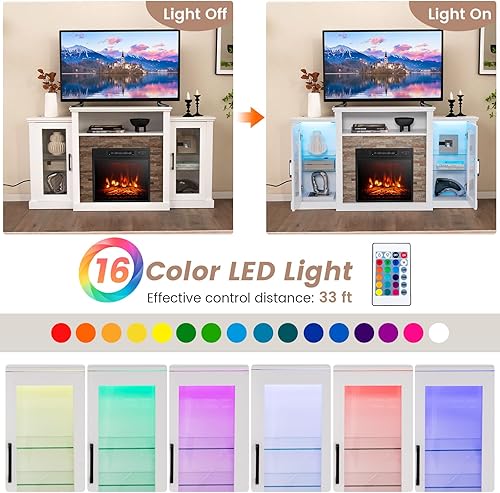 Miniatura 2 de Tangkula Soporte de TV para chimenea eléctrica, chimenea eléctrica con luces LED de 16 colores, estantes de vidrio ajustables, control remoto y