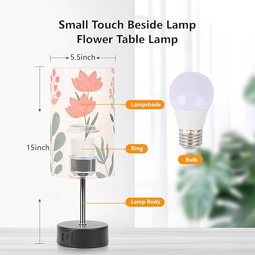 Miniatura 3 de Lámpara táctil de mesita de noche, 2 puertos USB, lámpara de noche regulable de 3 vías para dormitorio, lámpara de mesita de noche con pantalla