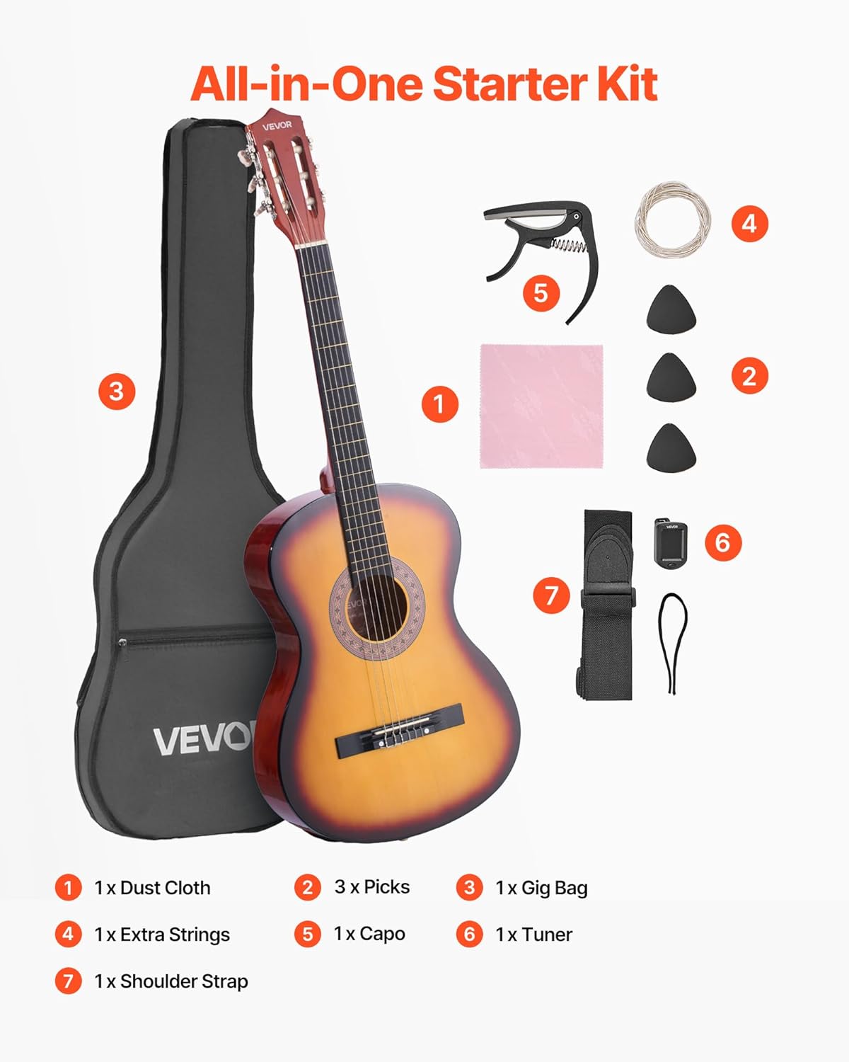 VEVOR Acoustic Guitar, Classical Guitar Starter Kit for Beginners, with Nylon Strings, Basswood Guitar, for Kids Adults Girls Boys Students
