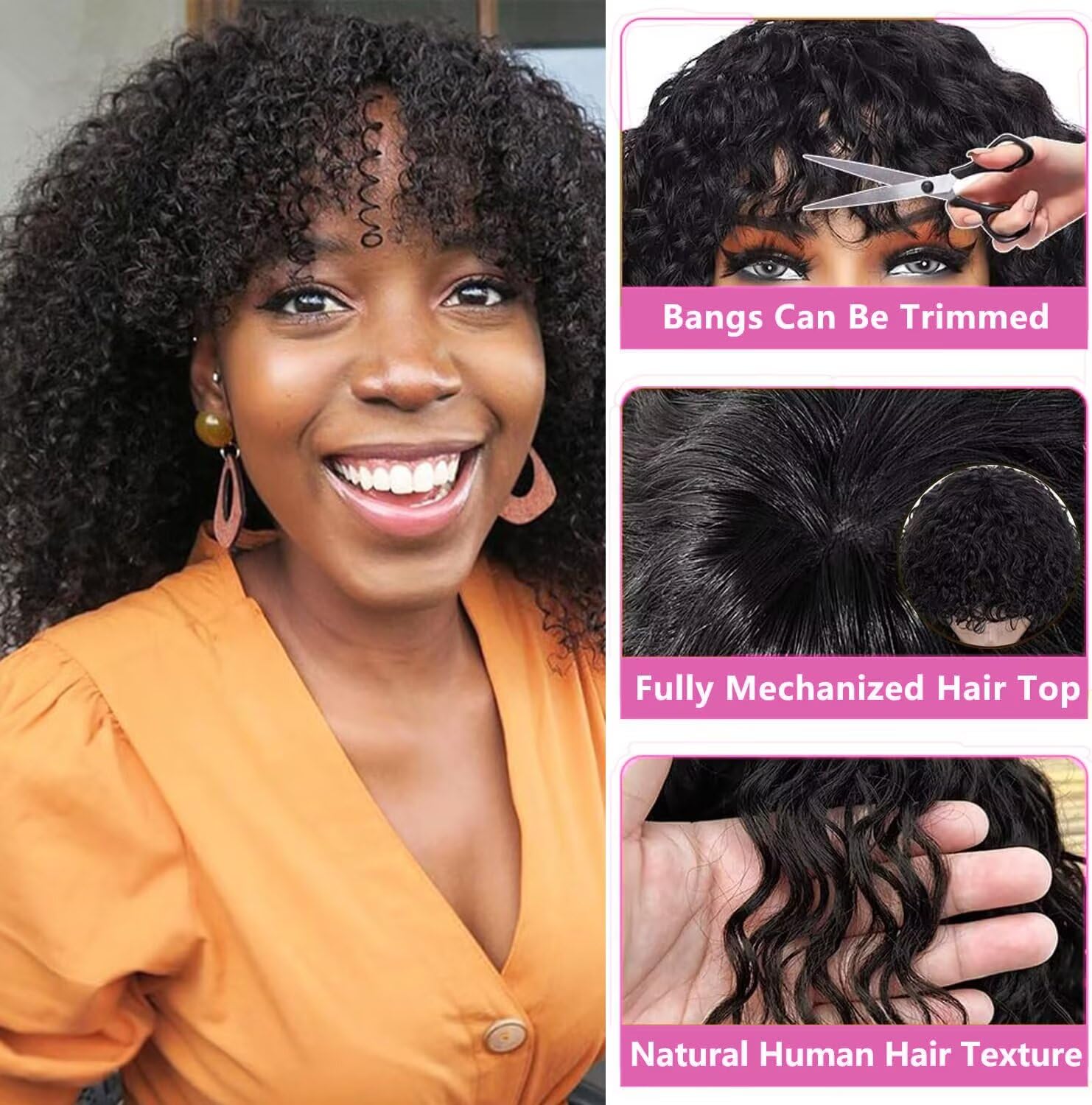 Parrucche Per Capelli Umani Hmuan Hair Wig With Bangs 180% Density Kinky Curly Wig for Women Brazilian Virgin Parrucche Ricci Nera Con Frangia 18 inch