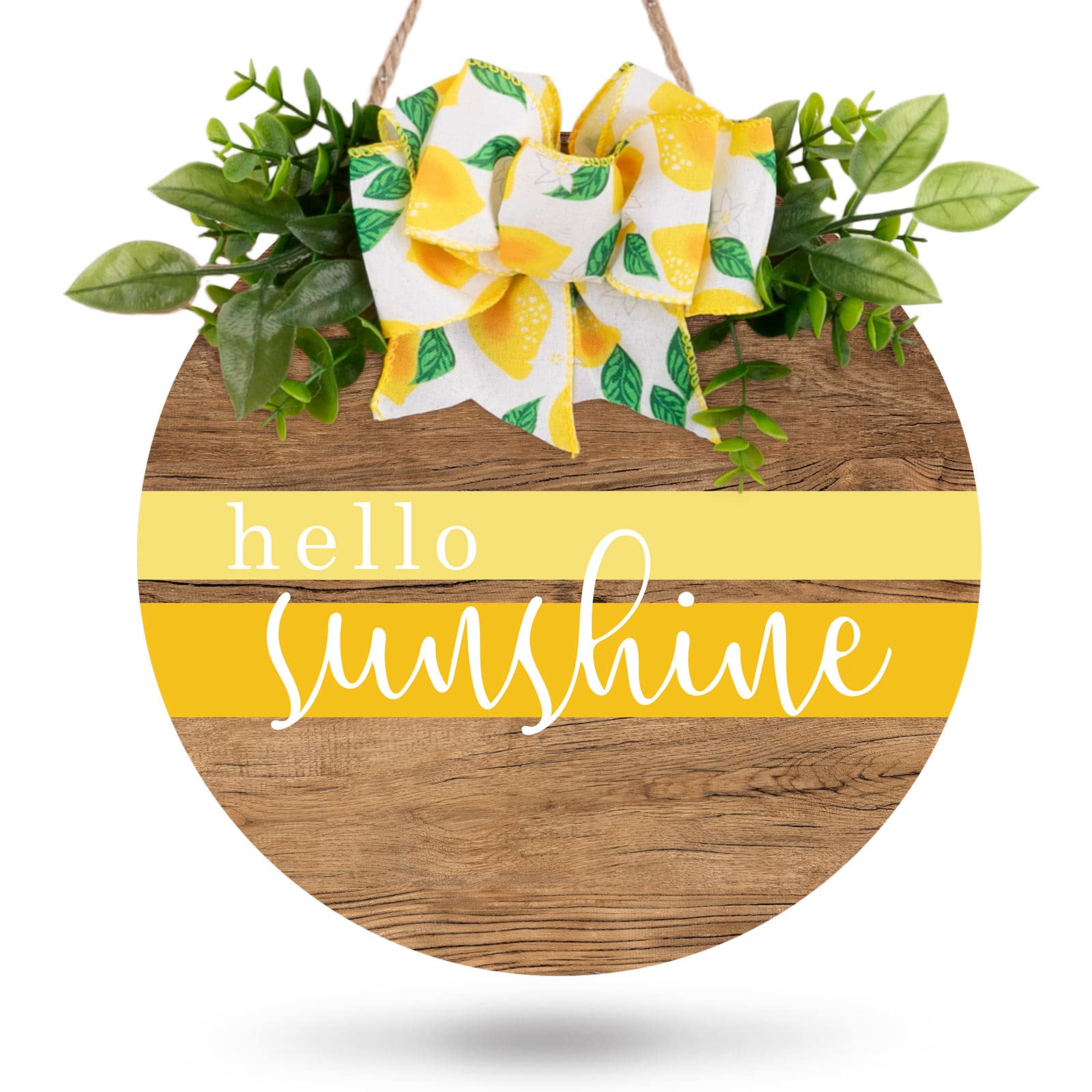 Whaline Hello Sunshine Wooden Hanging Sign Summer Welcome Sign Front Door Decor with Lemon Bowknot Rustic Farmhouse Wood Sign Door Hanger for Spring Summer Holiday Home Office Shop Window Wedding