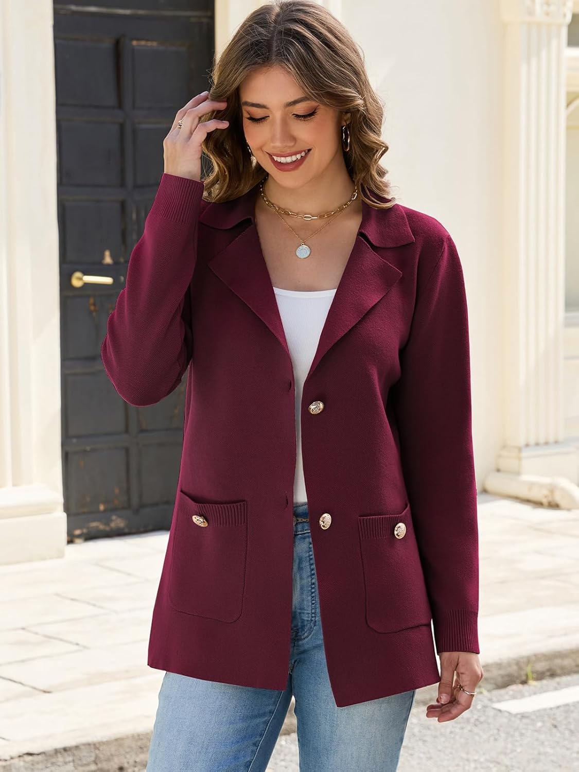 HOUZONIY Sweater Blazers for Women Business Casual Long Sleeve Open Front Lapel Suit Jackets Work Soft Blazer with Pockets - Image 4