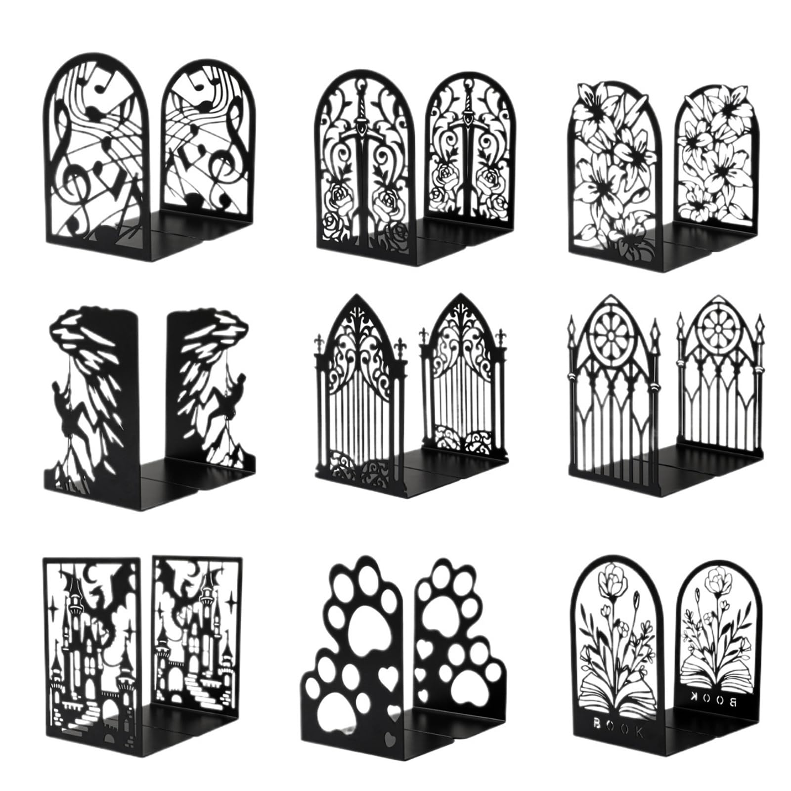 Book Ends Metal Book Ends Non-Skid Black Unique Bookend Decorative Heavy For Shelves Duty Study Support