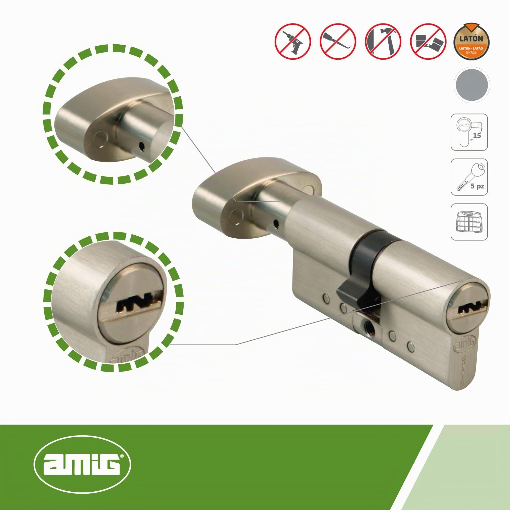 Amig - Cilindro di sicurezza con pomolo | Serratura per porte | Cilindro di Alta Sicurezza | Anti-picking e Anti-bumping | Include 5 chiavi | Cromato Satinato | Misure: 90 (45-45 mm)