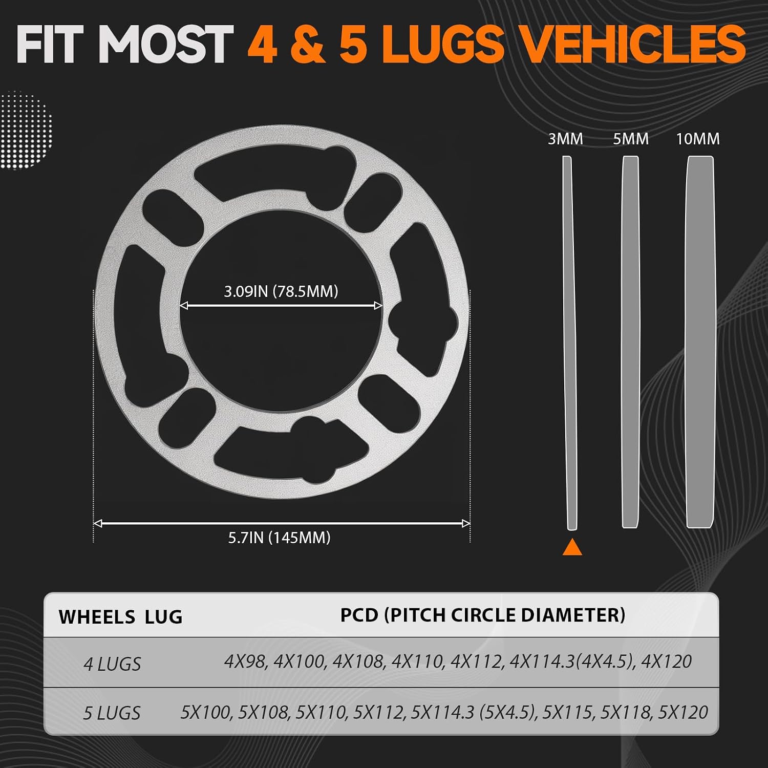 4 Pack Universal Wheel Spacers, 1/9" (3mm) Thick Die Cast Replacement Wheel Spacer for 4 & 5 Lugs Wheels/Rims, Fits 98 to 120mm Multiple Bolts Pattern, 4x100, 4x108, 4x110, 5x114.3, 5x120