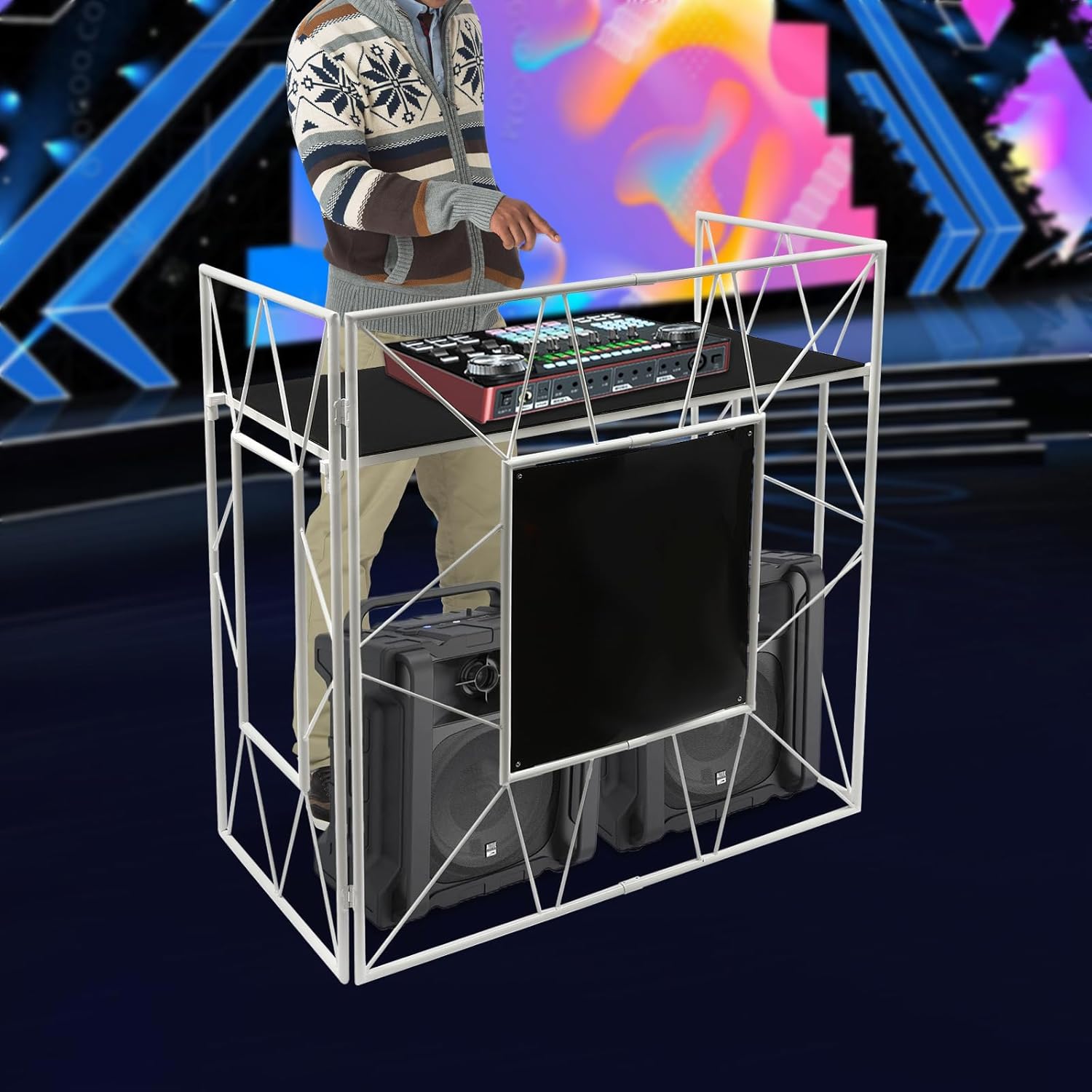 Event Table DJ Display Rack Floorstanding Display Rack DJ Booth Stand for Your Party Portable DJ Booth Foldable DJ Stand Optimal Tablespace for All Your DJ Equipment (47.6*45.3*23.6 inch)