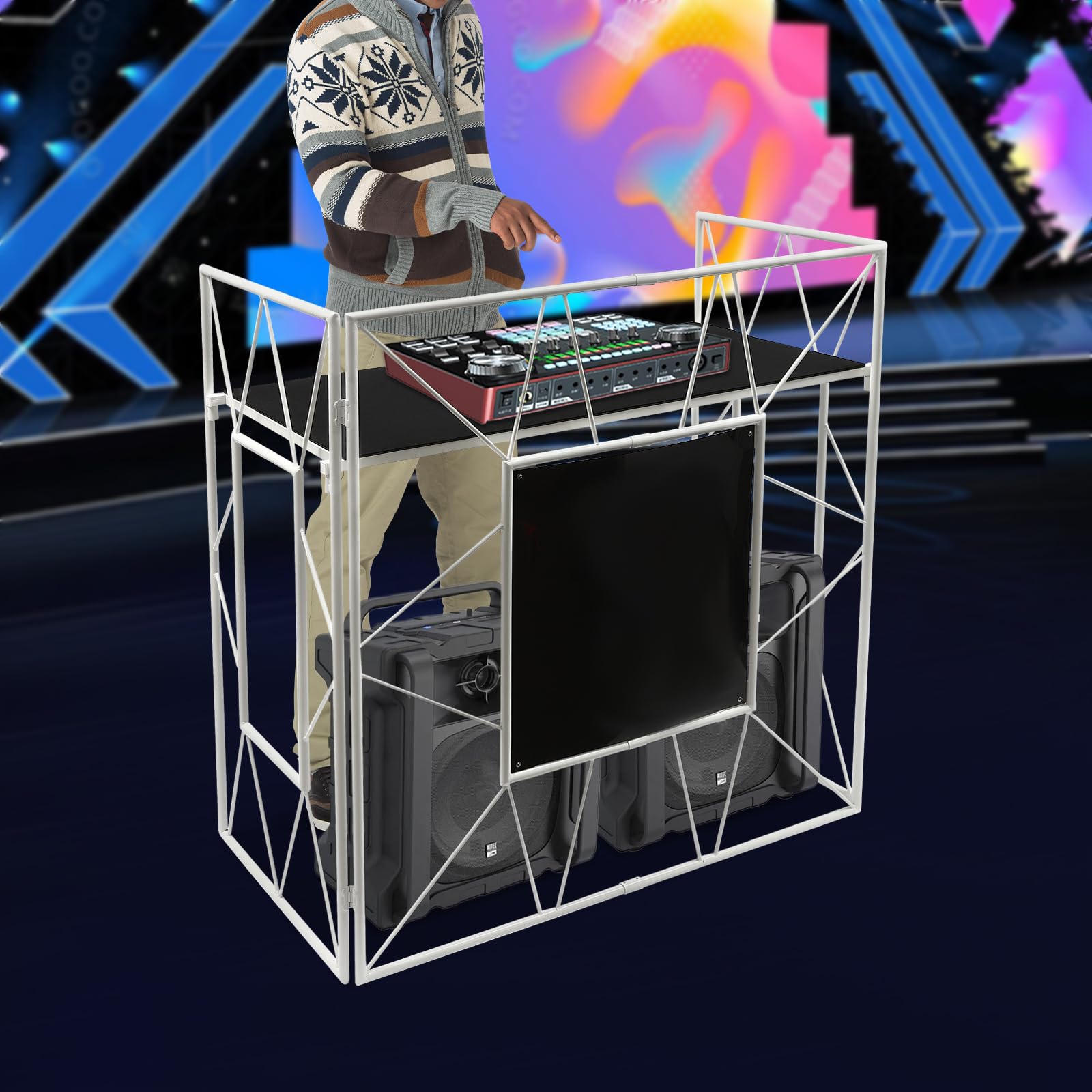 DYNAMI Portable DJ Facade Booth with Carrying Bag,DJ Table Station,Metal Open Frame DJ Booth DJ Event Facade Standing DJ Stand With Black Table (47.6