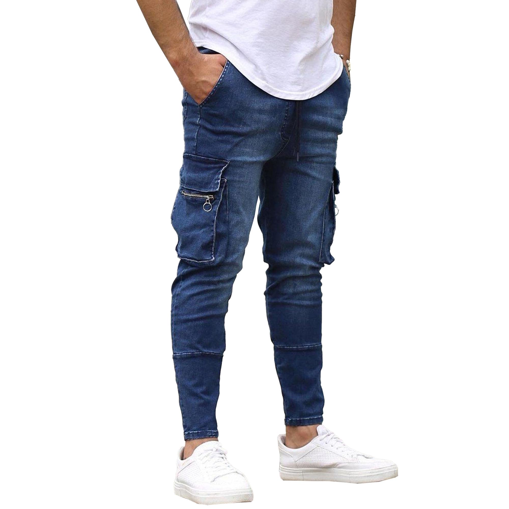 Mens Slim Fit Cargo Jeans Skinny Stretch Denim Pencil Pants Vintage Outdoors Cargo Jean Trousers