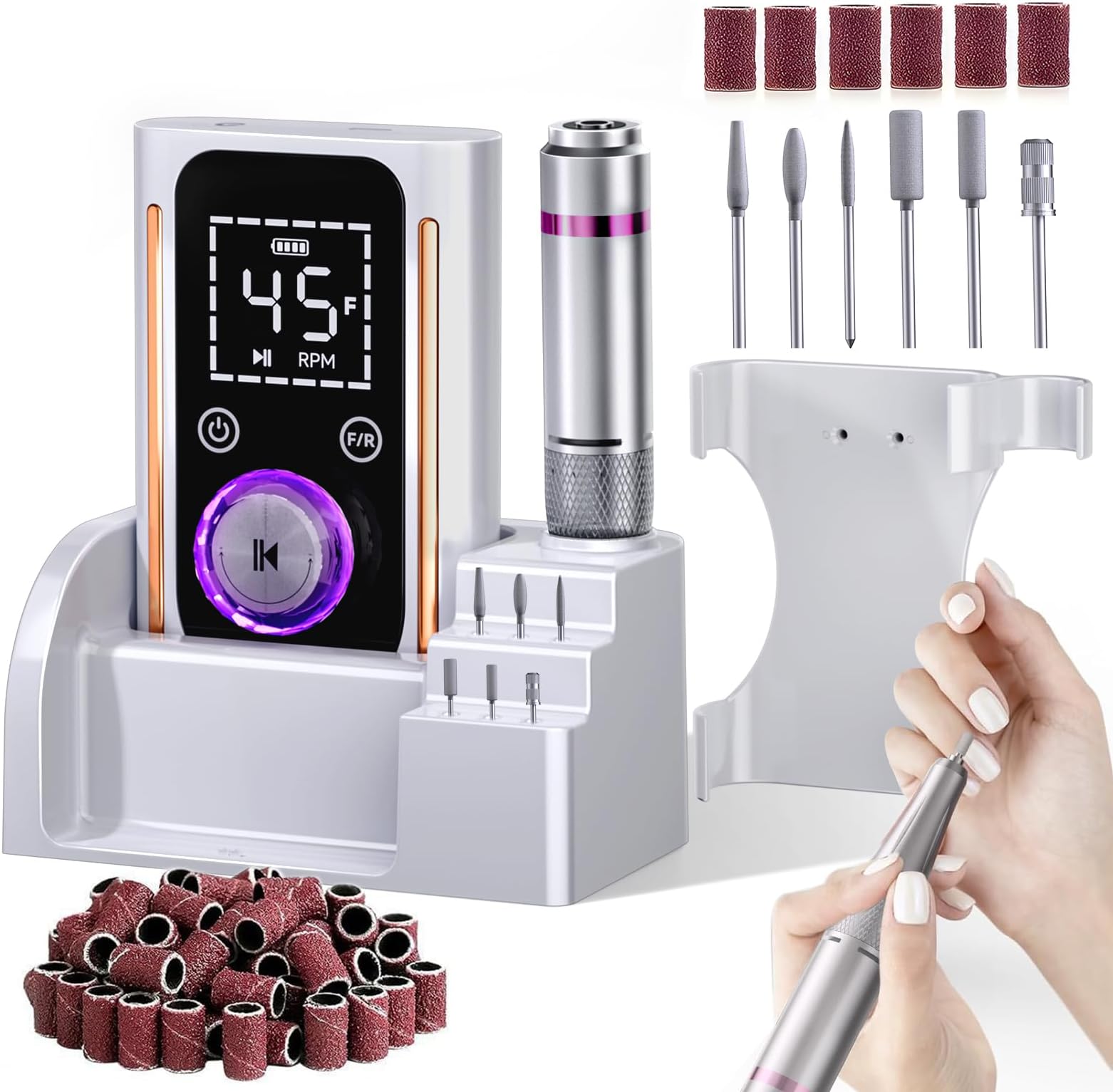 Nail Drill, Portable Electric Nail File 45000RPM, Rechargeable Nail Drill Professional with Bits & Base, for Acrylic Gel Nails, E-File Machine, Manicure Polishing, for Salon Home, White