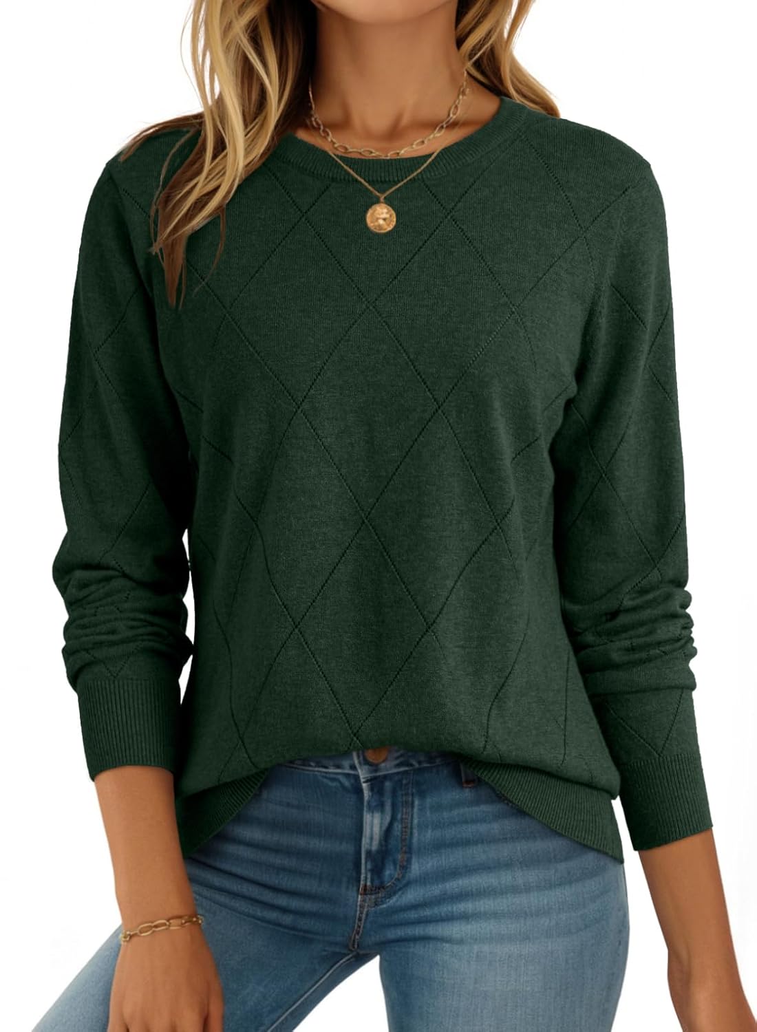 Dokotoo Sweaters for Women Long Sleeve Wool Blend Crewneck Diamond Hollow Out Lightweight Soft Fall Pullover Sweater Tops