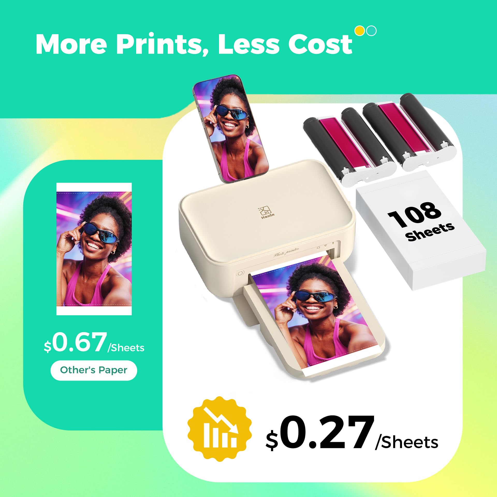 iDPRT Stampante fotografica 4x6 con 108 fogli e 2 nastri, stampante