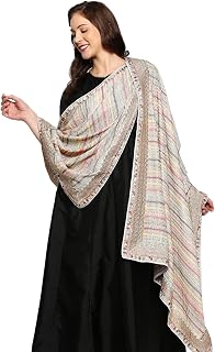 DUPATTA BAZAAR Women's Grey Striped Sequence & Pastel Embroidery Dupatta Price In India