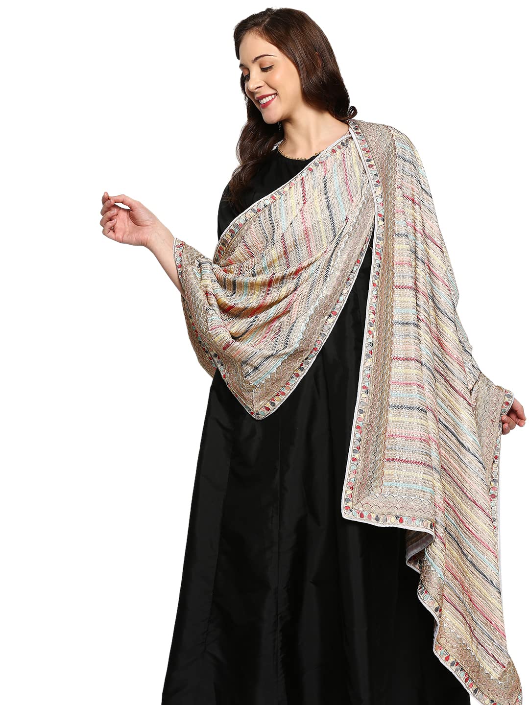 dupatta bazaar Women's Grey Striped Sequence & Pastel Embroidery Dupatta-picture-31