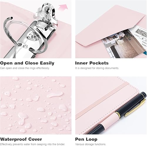 Vista 3 de Ospelelf Carpeta vintage de cuero de tapa dura de 3 anillos de 1 pulgada, organizador profesional adecuado para documentos de tamaño carta, Rosado