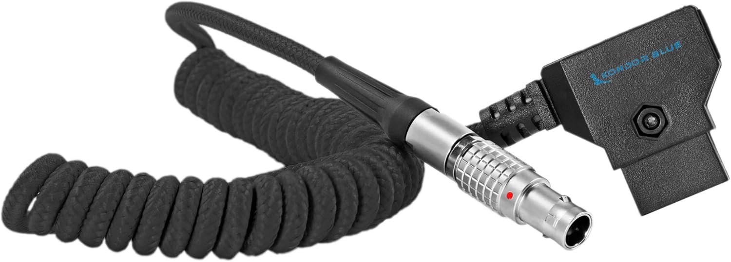 KONDOR BLUE | Coiled D-Tap to 2-Pin LEMO 0B Male Power Cable | 16-36 Inch, Nylon Braided, Right-Angle D-Tap, for Blackmagic Pyxis 6K, SmallHD, Teradek, Z CAM | Blue