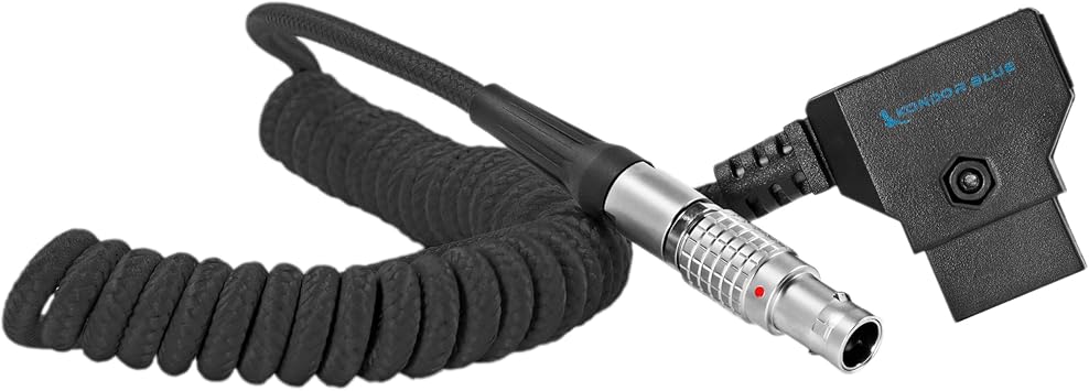 KONDOR BLUE | Coiled D-Tap to 2-Pin LEMO 0B Male Power Cable | 16-36 Inch, Nylon Braided, Right-Angle D-Tap, for Blackmagic Pyxis 6K, SmallHD, Teradek, Z CAM | Black