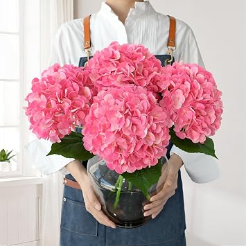 JINWOE Hydrangea Artificial Flowers, 4Pcs 22" Large Lifelike Faux Flowers, Full Fake Artificial Hydrangeas with Stems for Bouquet Table Centerpieces Home Fuchsia