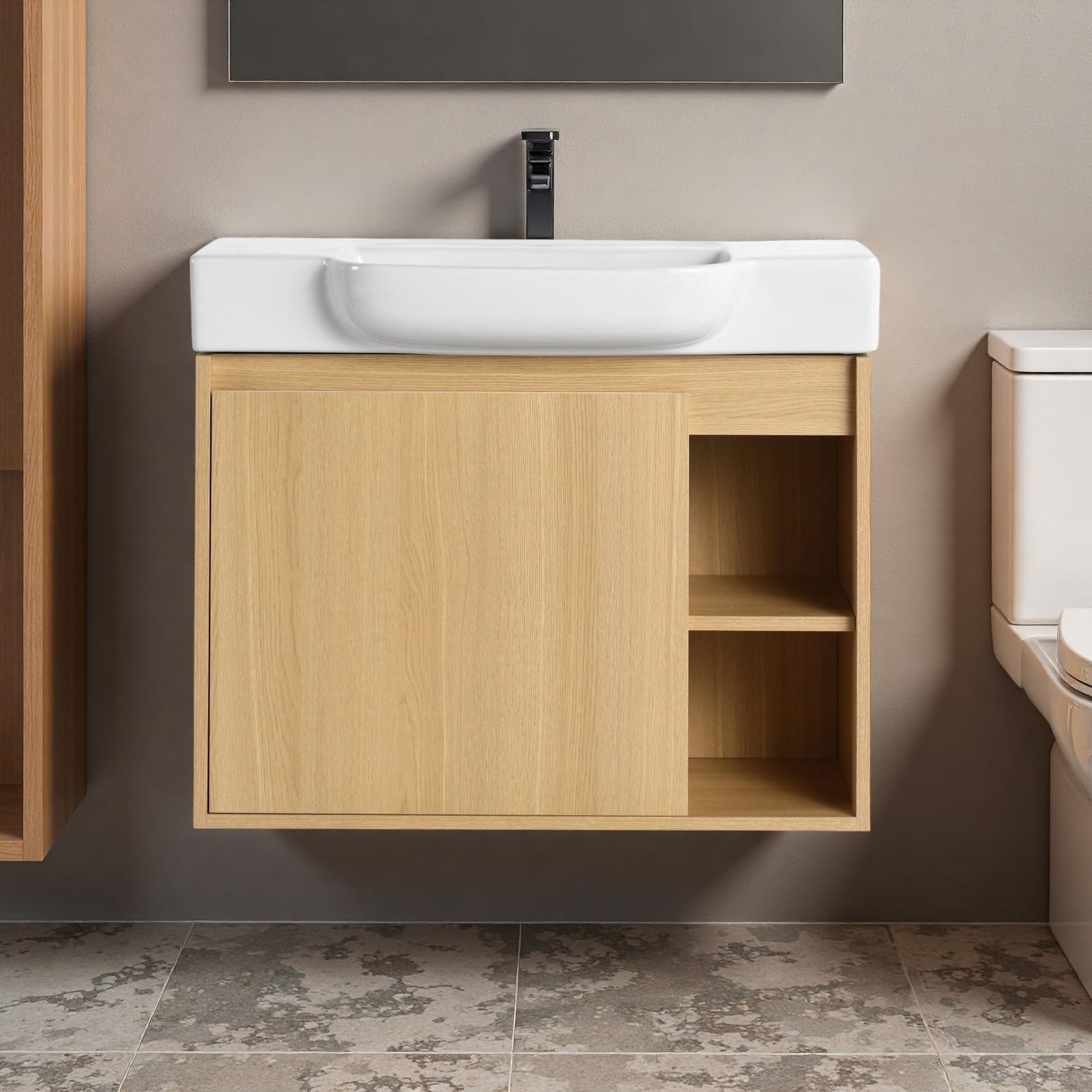 Trygoal 28" Bathroom Vanity with Ceramic Sink, Modern Wall-Mounted Bathroom Vanity with Soft-Close Door & 2 Open Storage Shelves, Farmhouse,