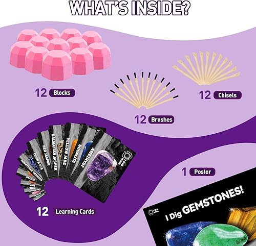 Miniatura 5 de Kit de Excavación de Gemas Byncceh  Excava 12 Piedras Preciosas Reales y Cristales para Niños, Kit de Excavación de Gemas, Colección de Minerales y